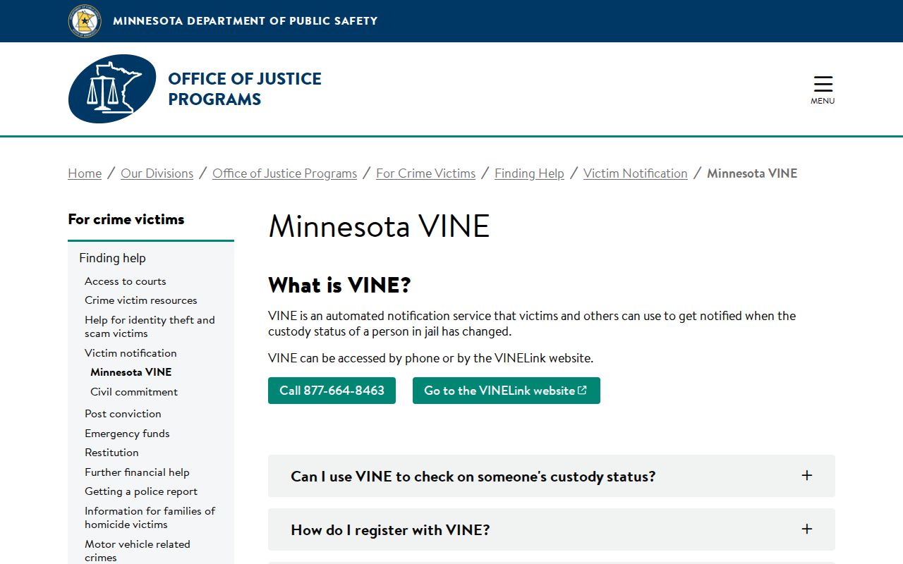 Official Minnesota VINE guidance for Itasca County 72-hour release checks