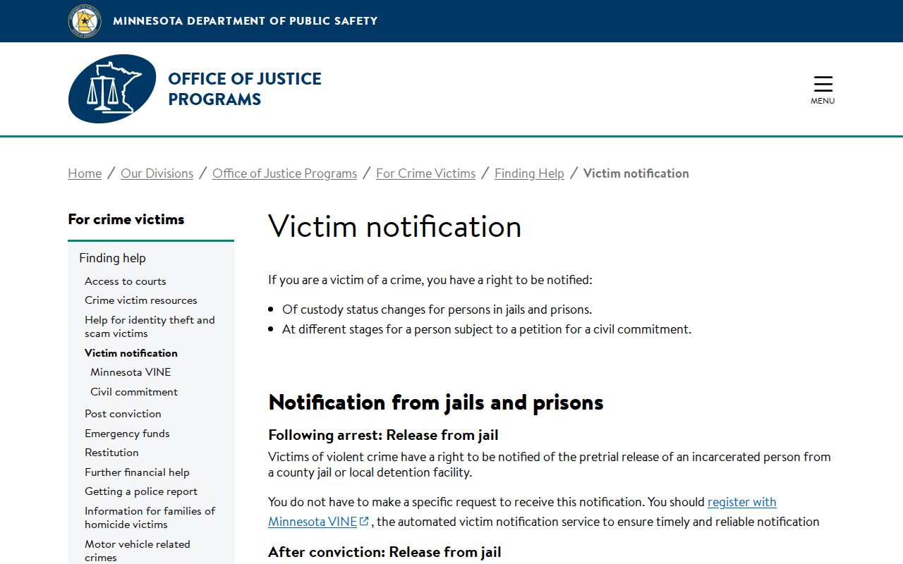 Minnesota notification channels for Itasca County jail and state prison release events